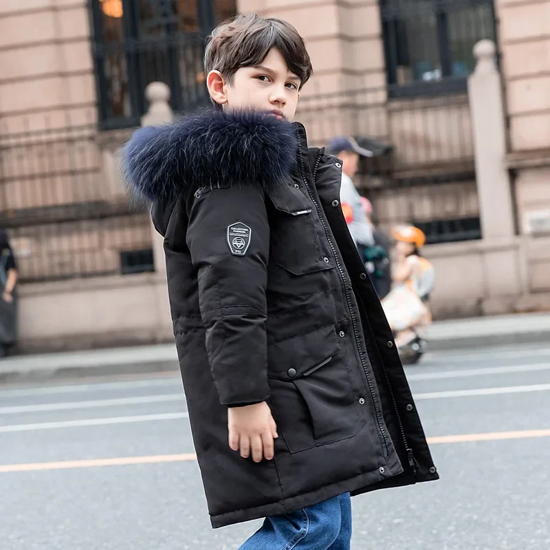 

2023 -30 Degree Russian Winter Boys Coat Hooded Thick Warm Long Down Jacket For Boys 5-14 Years Kids Teenage Boy Outerwear Parka