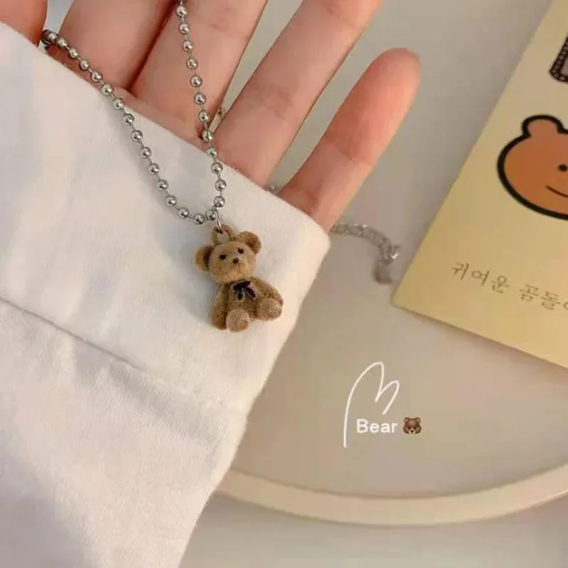 Fashionable Cute Plush Bear Pendant Necklace Women Korean Style Cute Little Bear Earrings for Women Girls Party Jewelry Gift