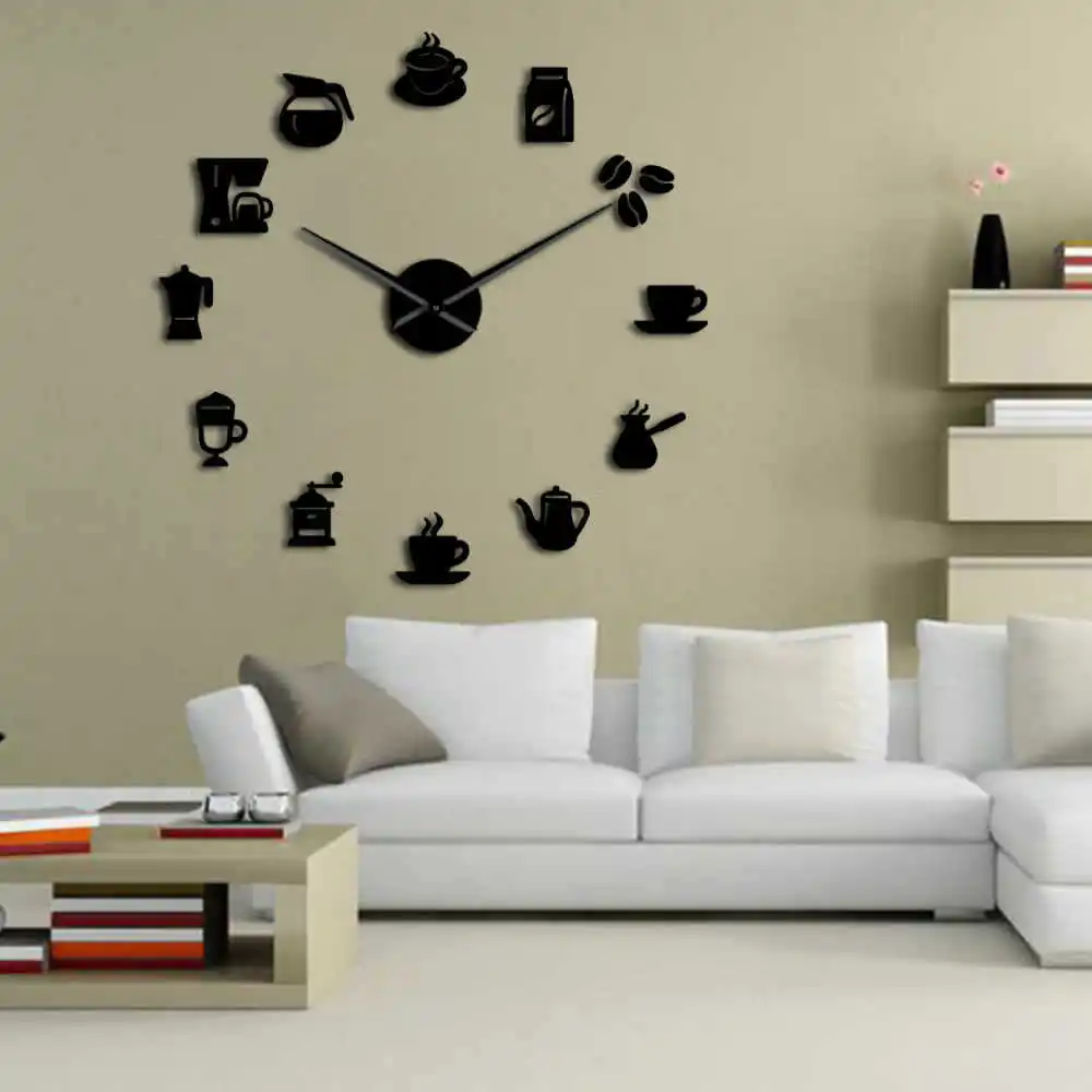 DIY 3D New Modern Design Wall Clock Coffee Cup Shape Acrylic Home Clocks For Kitchen Dinner Room Decor Mirror Silent Horologe