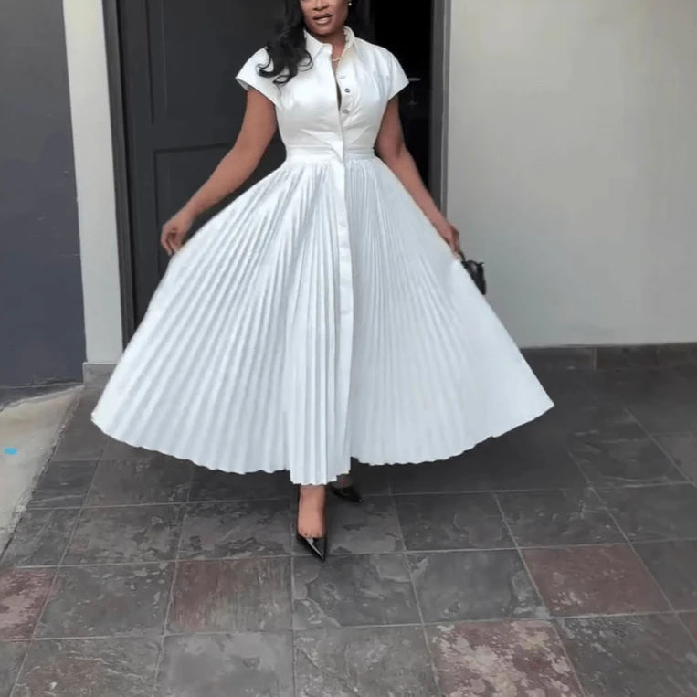 Shirt Dress Women Long Dresses A Line Pleated Vestidos Streetwear Short  Sleeve Wedding Elegant Y2k Party Wedding High Waist - AliExpress 200000345