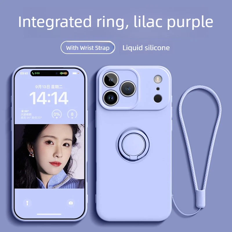 Liquid Silicone Phone Case with Ring Holder, Wrist Strap, and Shockproof Protection