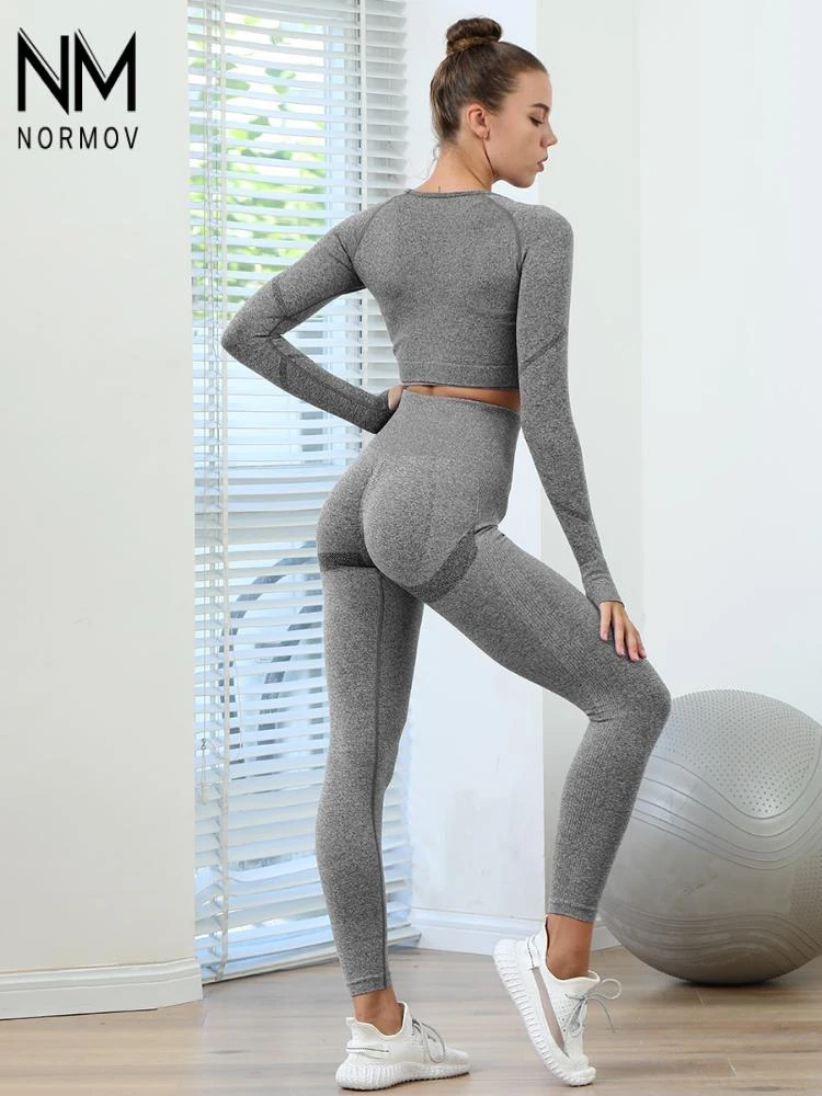 NORMOV Seamless 2 Piece Set Women High Waist Fitness Push Up Trouser Suits Women Elasticity Gym Workout Slim Fashion Sports Sets pink sweat suits