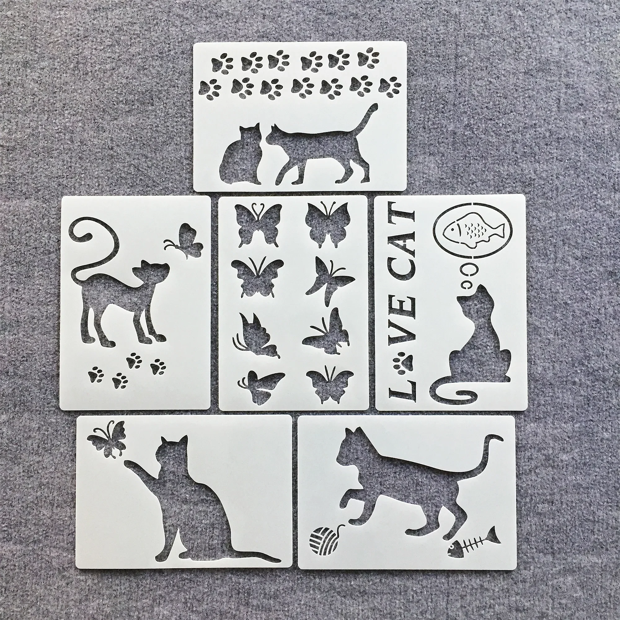 6Pcs/Set  A5 20cm I Love Cat DIY Layering Stencils Wall Painting Scrapbook Coloring Embossing Album Decorative Template