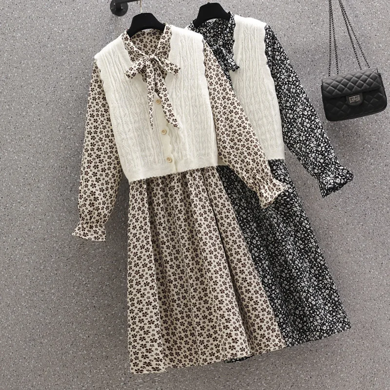 

Женский приталенный Элегантный комплект из двух предметов, Трикотажный жилет и платье средней длины с цветочным принтом, модель 2023 года, верхняя одежда, подходящий наряд