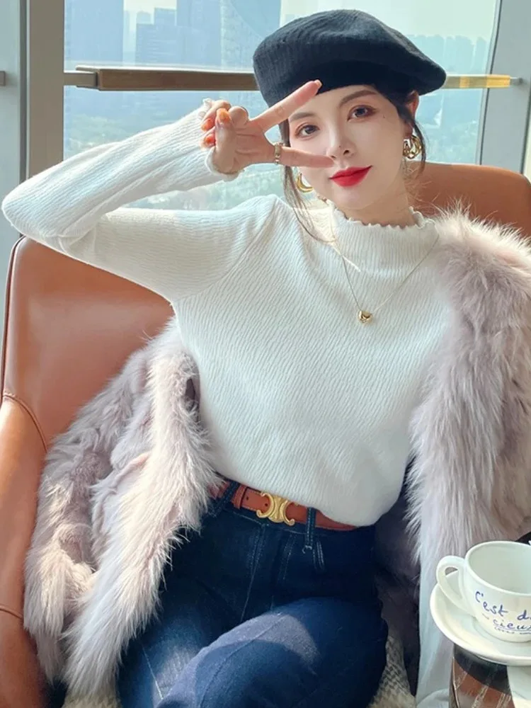 Fashion Women Winter Warm Mock Neck Pullover Sweater Autumn Elegant Casual Solid Ruffles Knitted Top Long Sleeve Knitwear