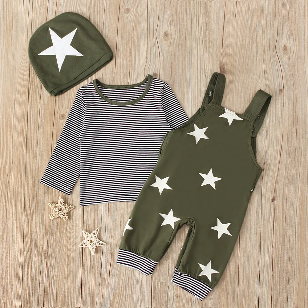 

2023 Spring Autumn Infant Boy Clothes Set Cotton Striped Loose Bottoming Shirt Suit Printed Star Patchwork Jogger Suspender Pant