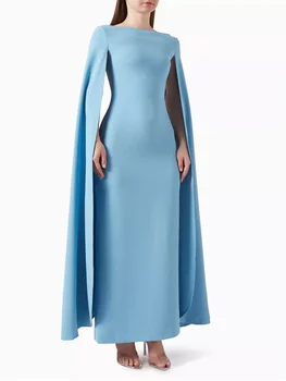 Customized Long Cape Sleeves Boat Neckline Satin Straight Evening Dress Sexy Back Zipper Floor Length Rear Slit Gown For Women