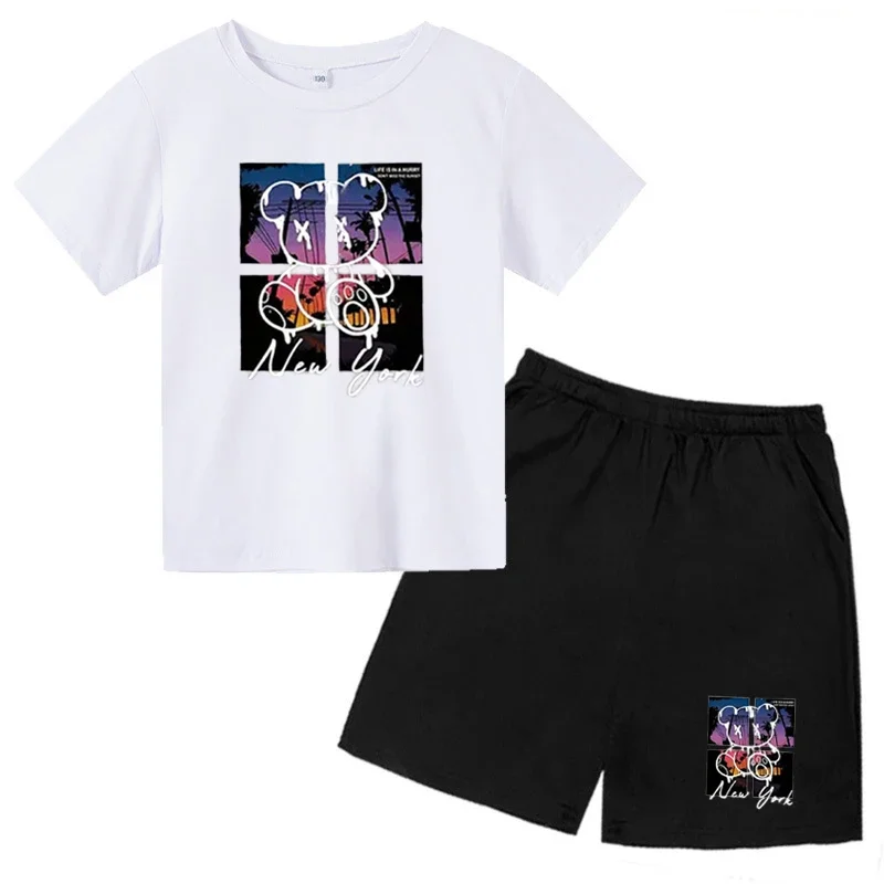 thumbnail image 1 of Conjunto de ropa para niños y adolescentes con estampado de oso de marca, camiseta de cuello redondo y traje corto de 2 piezas, informal, de verano, para niñas y bebés, 1 of 5