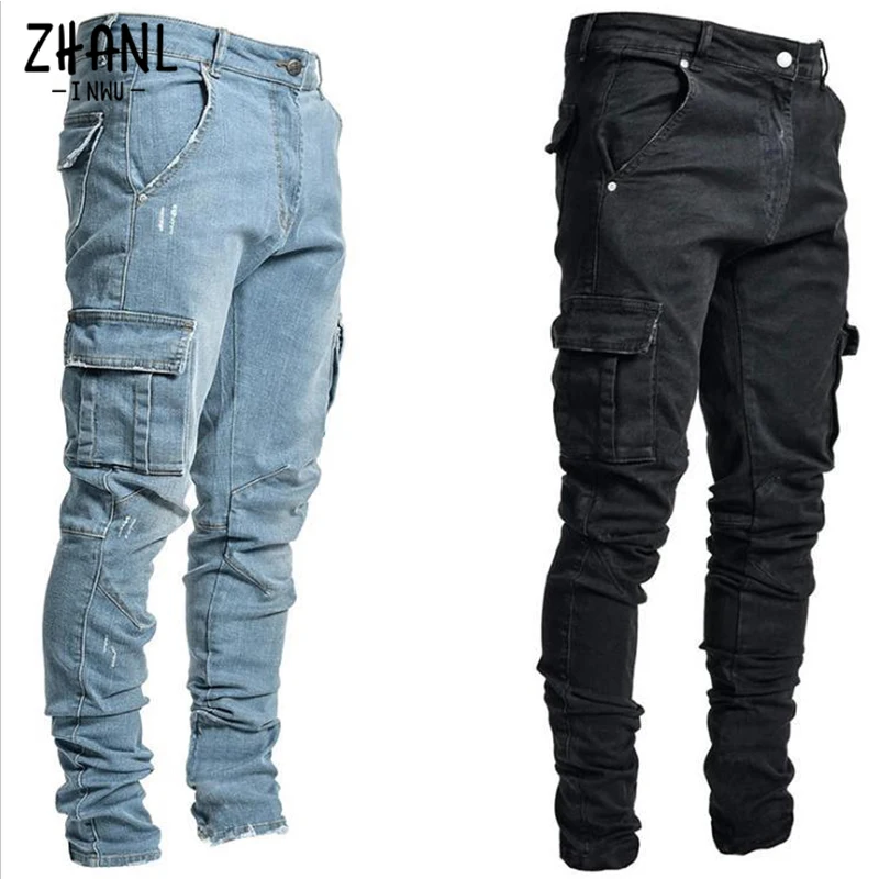 Jeans Men Pants Wash Solid Color Multi Pockets Denim Mid Waist Cargo Jeans Plus Size Fahsion Casual Trousers Male Daily Wear men s pants new autumn vintage wash rough edge straight tube splicing male jeans high street wide leg trousers 2022 new fashion