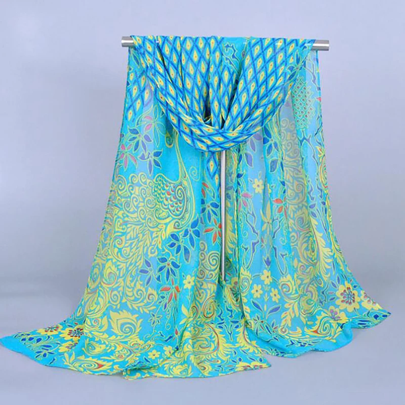 

Hot Sell India Bohemian Beach Peacock Chiffon Scarf with Print Long Scarves for Women Wraps Shawl Head Band Stole 160X50Cm