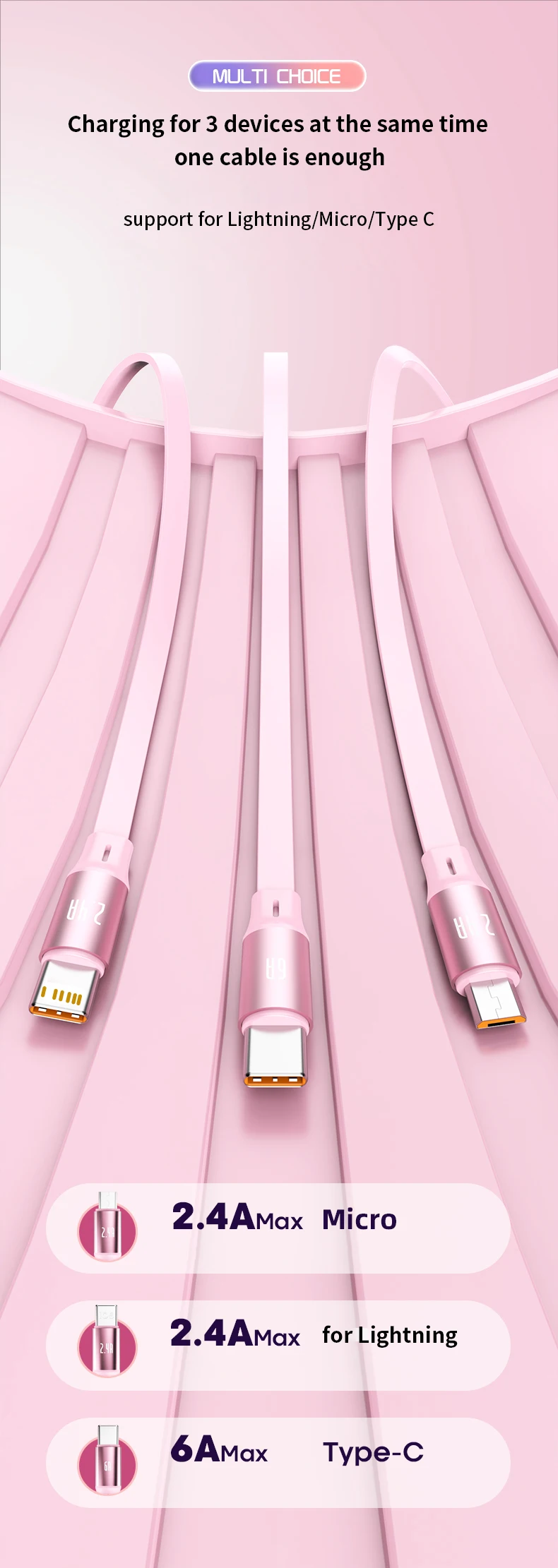 CAFELE Retractable Charger Cable for iPhone 16 15 14 13 12 11 120w 3 in 1 Fast Charging USB C Lightning Micro Multi Cord