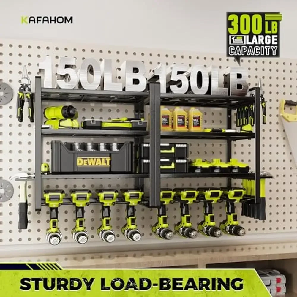 8-Cordless Drill Holder Wall Mount Tool Organizer Rack Shelf 4 Layer Garage Storage Metal Organizer Shelf with Hammer Pliers 3
