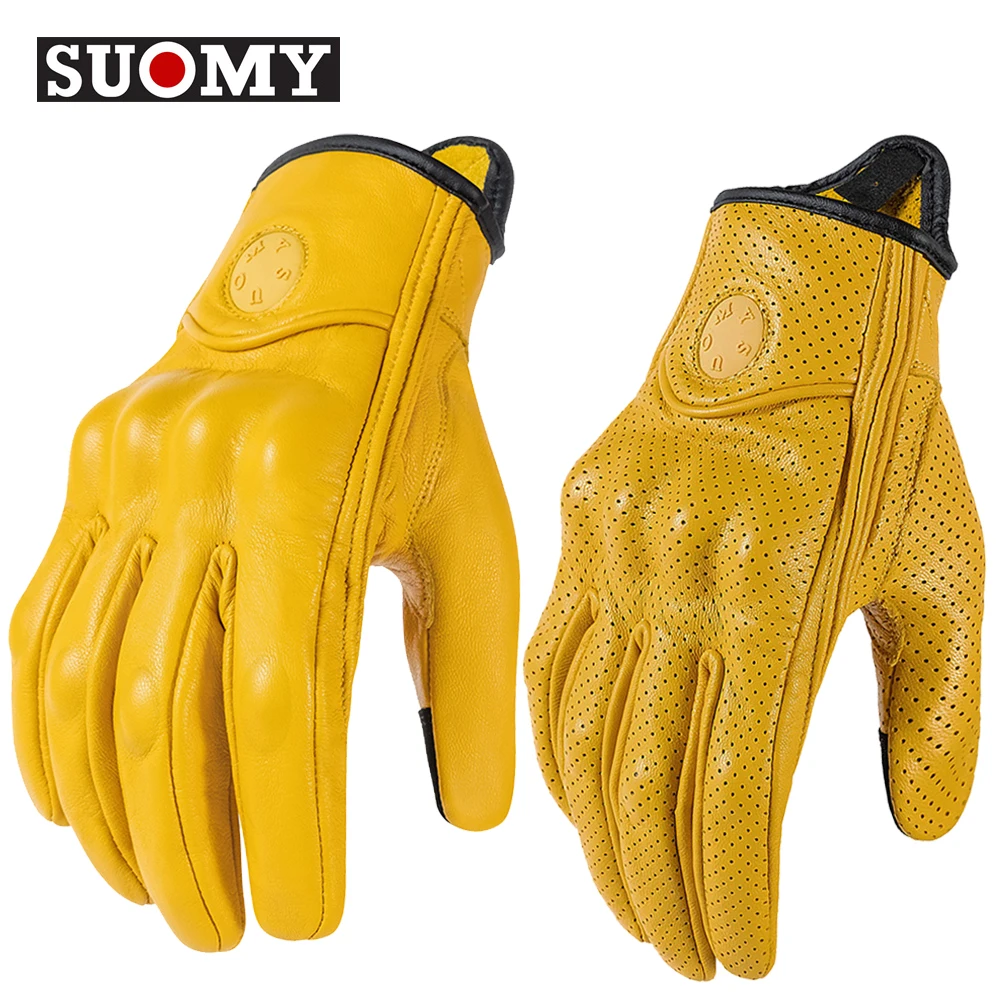 Motorcycle Gloves Vintage Genuine Leather Perforated Motorbike for Men Women Retro Summer Breathable Racing Street