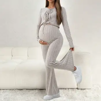 Maternity Women's Two Piece Ribbed Loungewear Set Tie Front Long Sleeve Top and Flare Pants for Casual Daily Use