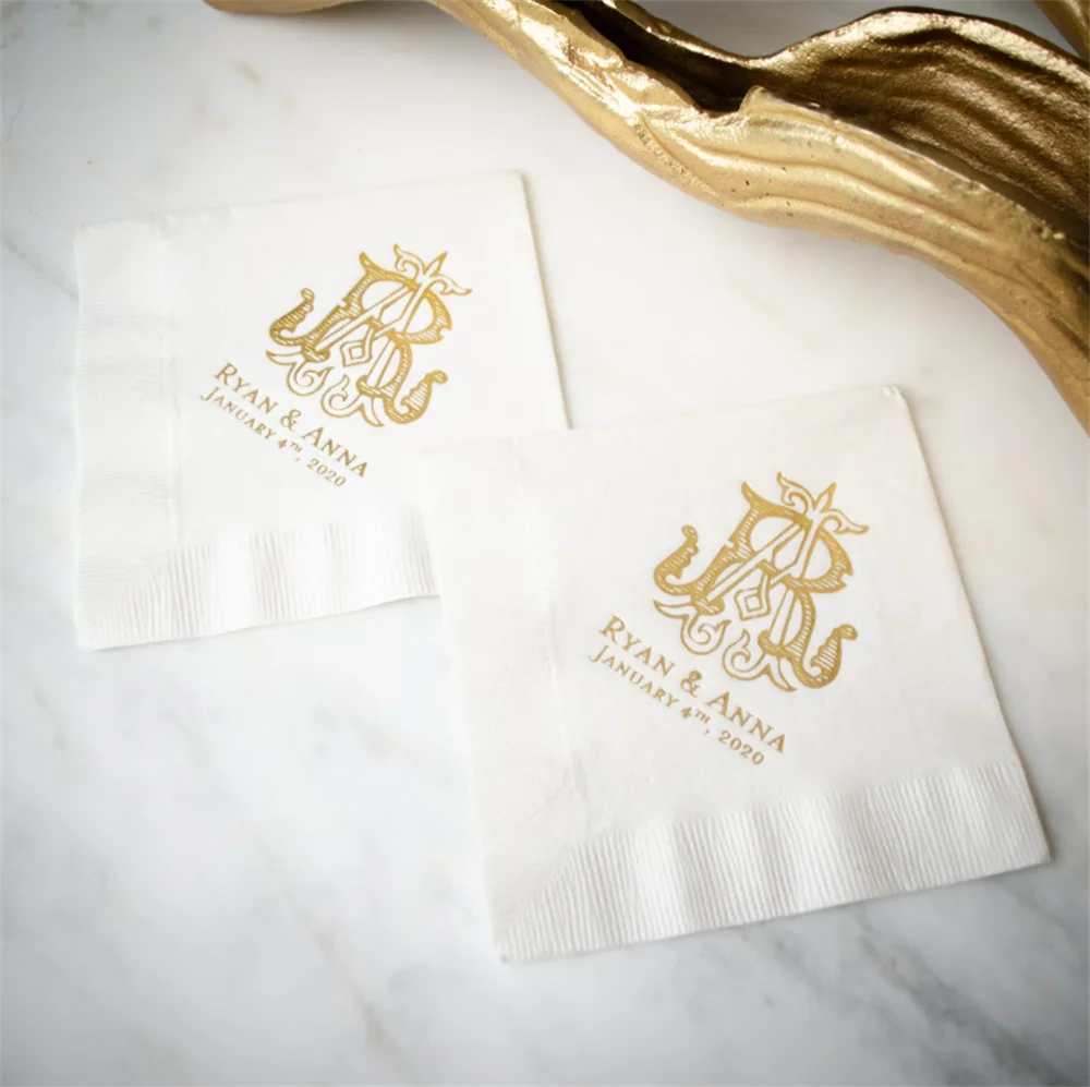 

50PCS Interlocking Monogram Wedding Cocktail Napkins Duogram Engagement Party Rehearsal Dinner Beverage Gold Foil 3 Ply Napkins