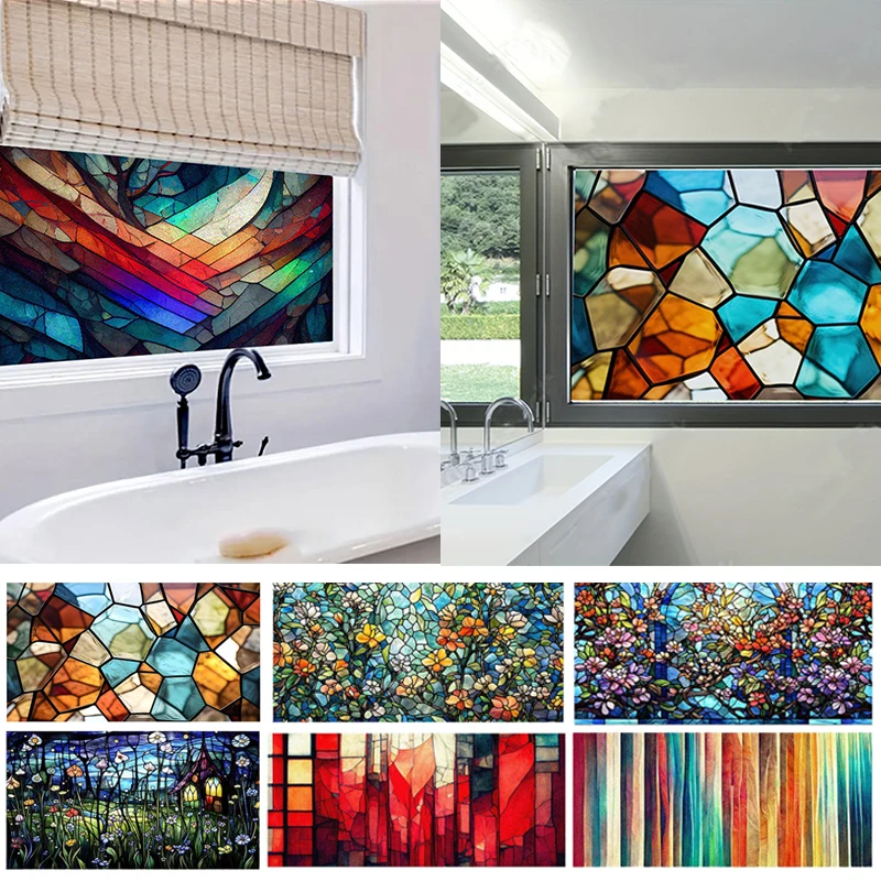 Retro Colorful Geometric Glass Sticker Window Film European Stained Glass Film Transparent Opaque Window Paper Anti-peeping