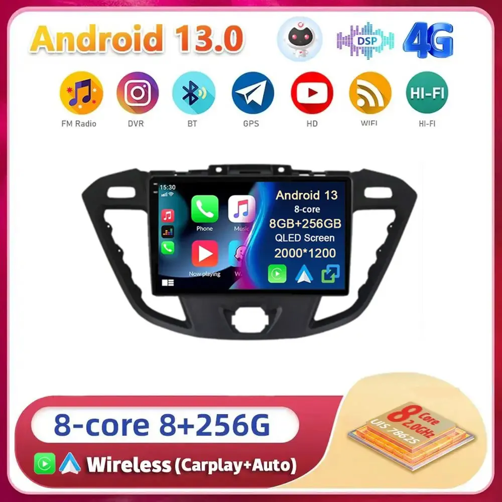 

Android13 Carplay Auto WIFI+4G Car Radio For Ford Transit Custom 2013-2018 Multimedia GPS Video Player Stereo 2din Head Unit DSP