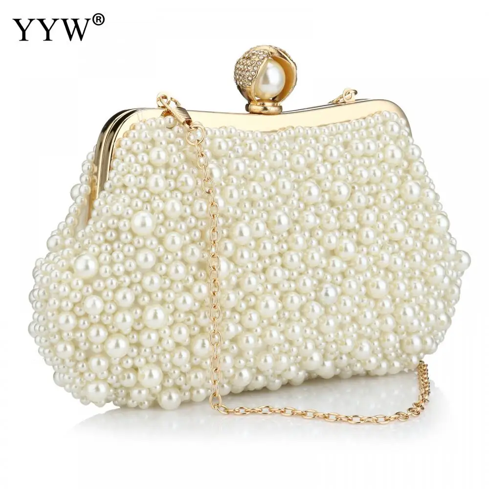 Luxury Evening Bags White Pearl Beaded Clutch Purse Party Bridal Wedding Shoulder Handbags
