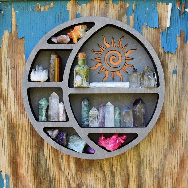 

Crescent Moon Crystal Wooden Shelf Boho Hanging Gothic Decoration For Stones Crystals & Essential Oils Display Rack