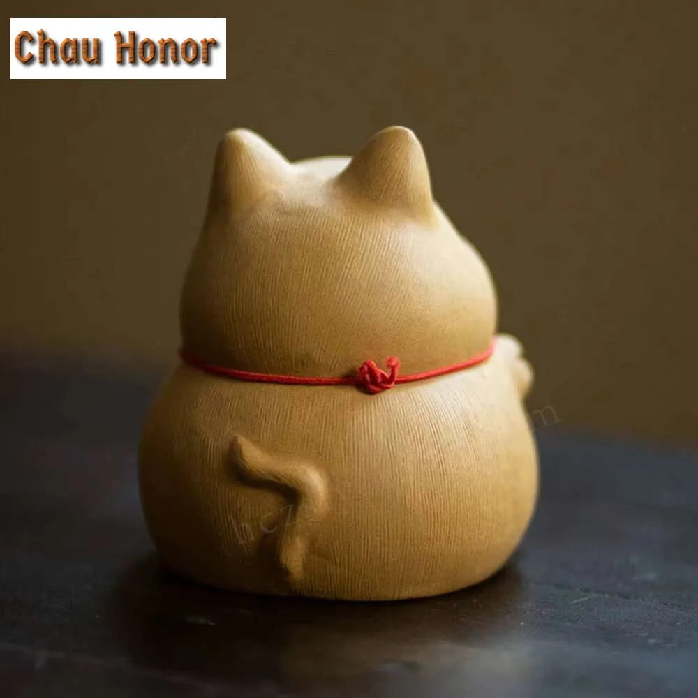 Boutique Purple Clay Tea Pet Lucky Bellcat Figurine Sculpture Ornaments Handmade Crafts Chinese Tea Set Art Decoration Gifts