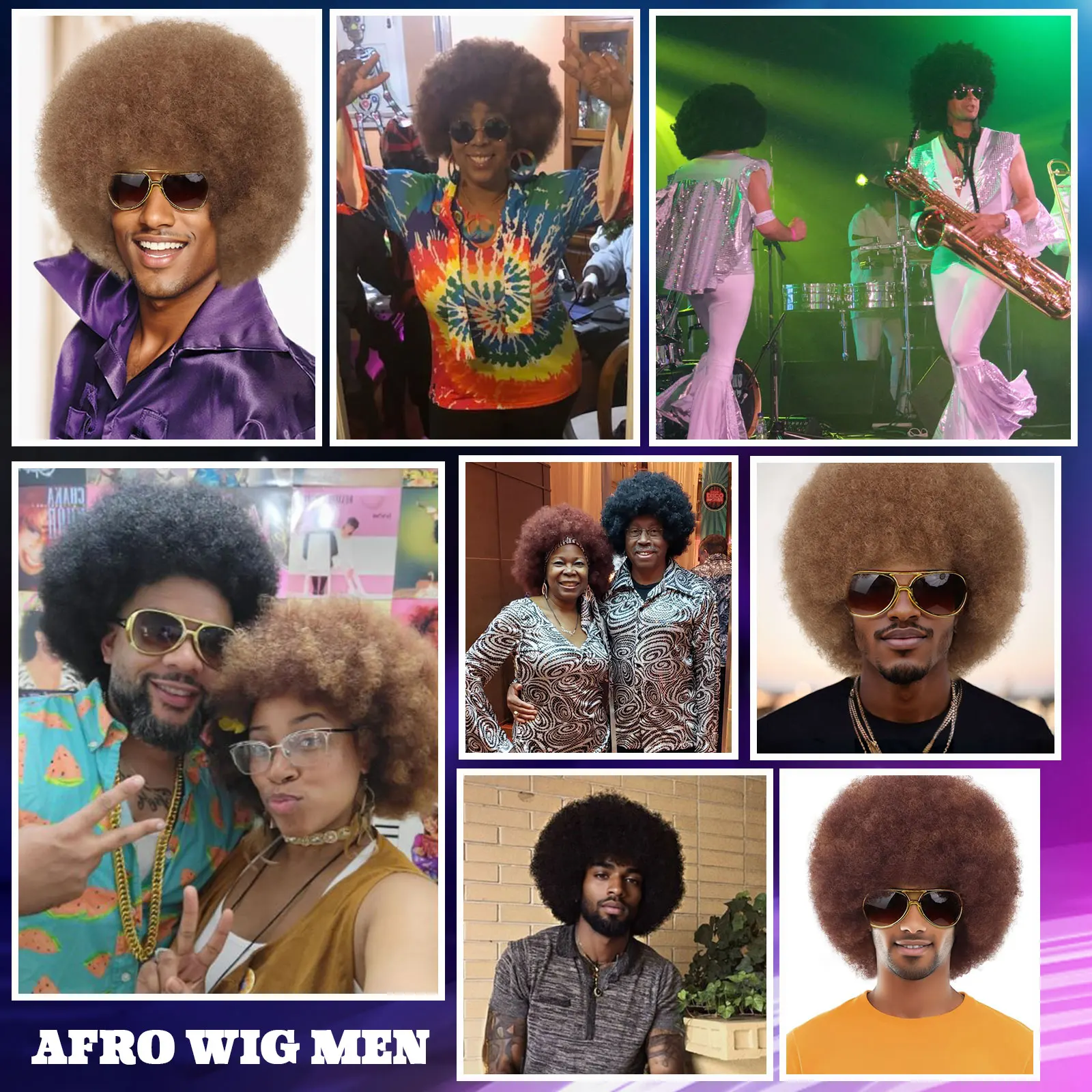 5pcs Set Mens Synthetic Afro Puff Wig for 70s 80s Rocker Disco Party Halloween Costume Cosplay Party Use