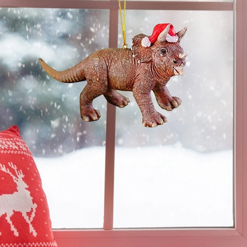 8cm Mini Holiday Ornaments Christmas Tree Decorations Dinosaur in Christmas Hat Figurine Hanging Pendant Gift for Kids