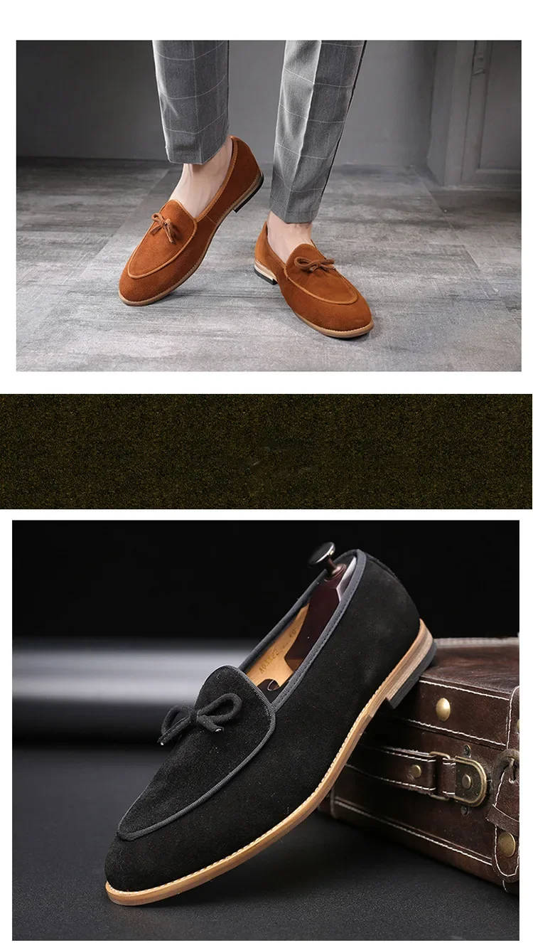 Men's Casual Shoes Suede Genuine Leather Men Trendy Bowknot Party Wedding Loafers Moccasins Mens Driving Flats