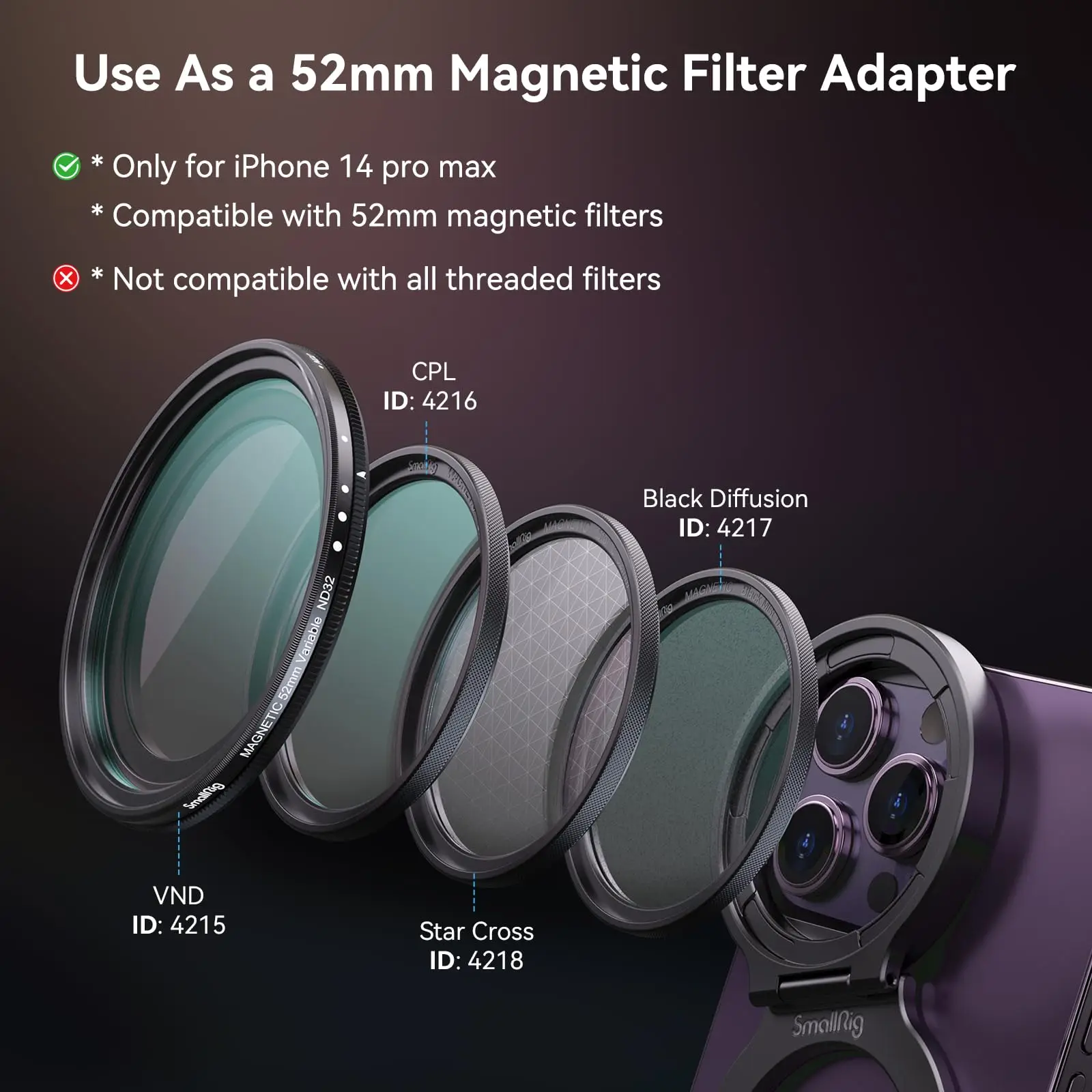 Anel Adaptador de Filtro Magnético Smallrig Suporte de Telefone para Iphone 14 Pro Max Dobrável Compacto e Portátil 52 mm em 4219 - Image 3