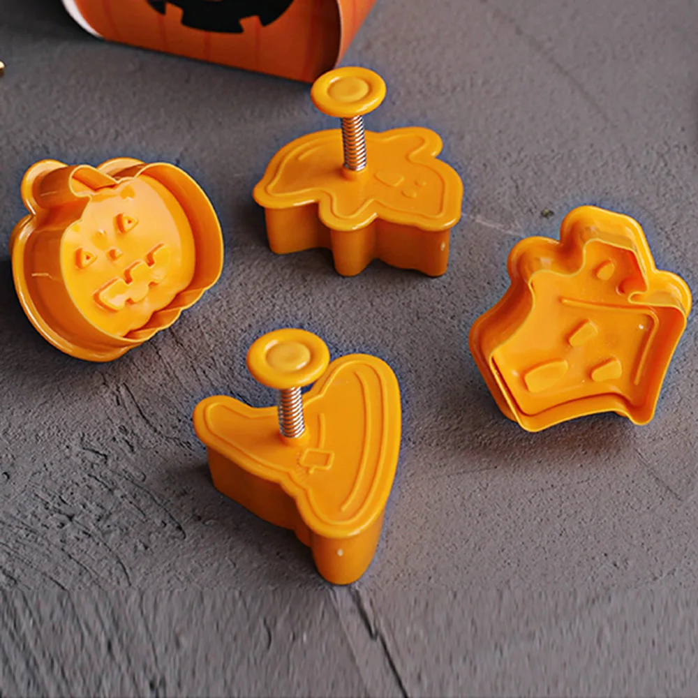 4pcs Halloween Pumpkin Ghost Theme Plastic Cookie Cutter Plunger Fondant Sugarcraft Chocolate Mold Cake Decorating Tools