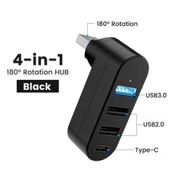 Compact 4-Port USB Hub with 180° Rotation and High-Speed Data Transfer (Black)