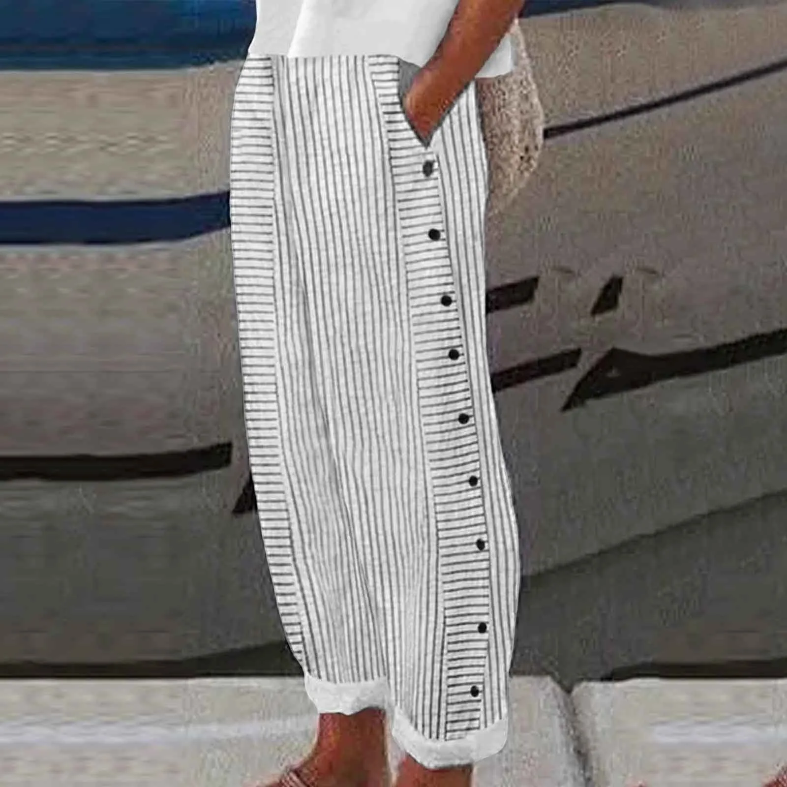

Women Summer Fashion Striped Print Button Casual Versatile Loose Nine Point Pants Ladies Casual Streetwear Trousers Female