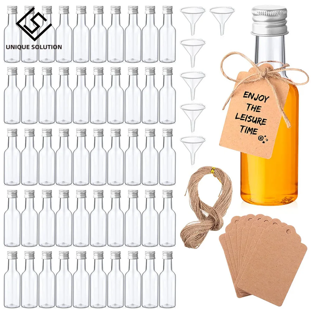 Mini Garrafas de Licor de Plástico Grupo Garrafas de Espírito Álcool Tiro Garrafas com Tampas Kraft Tags com Cordas para Festa 120 Pcs 50ml