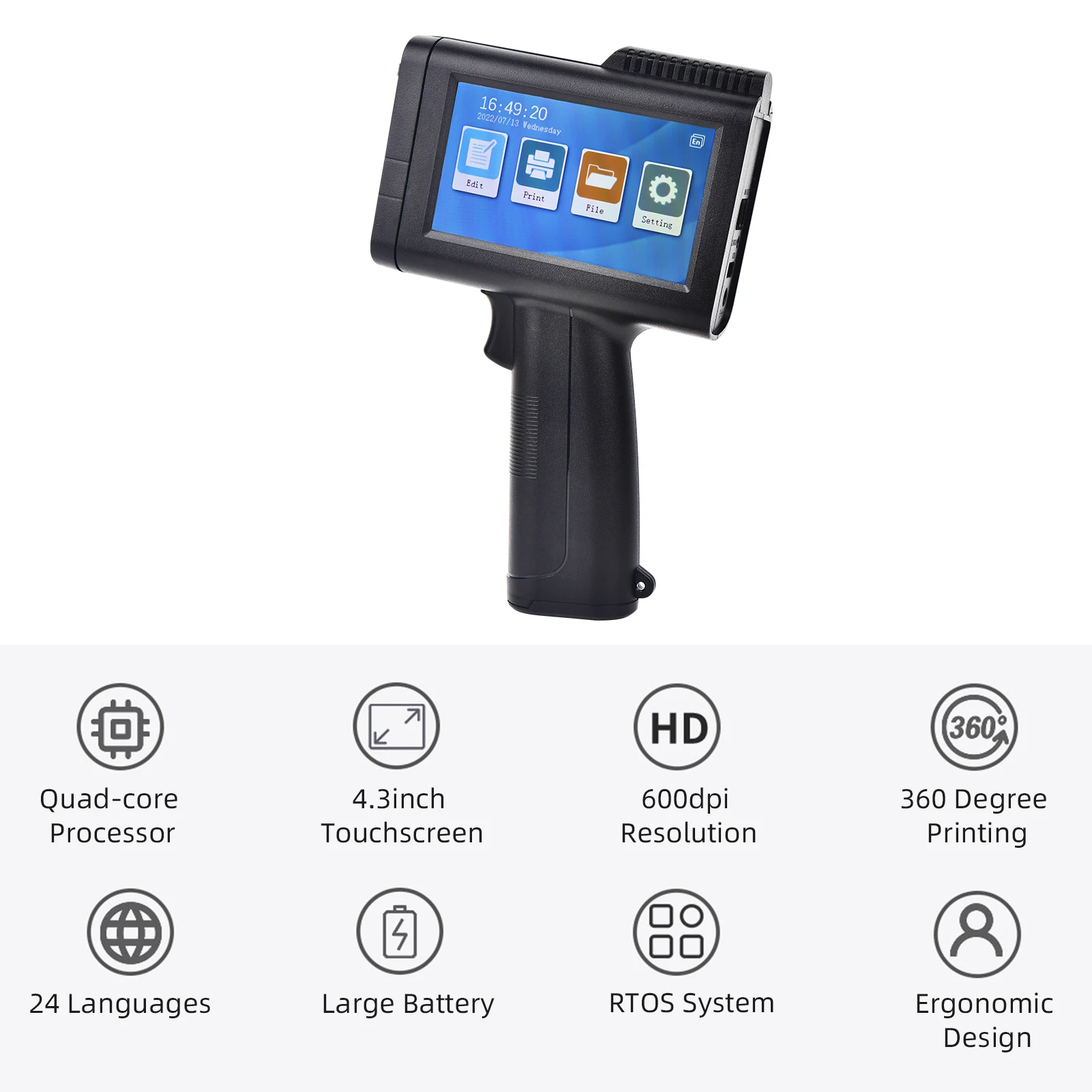 M10 Handheld Inkjet Printer 4.3 Inch Touchscreen Intelligent Barcode Printer Support Logo Date QR Code QuickDrying Ink Cartridge