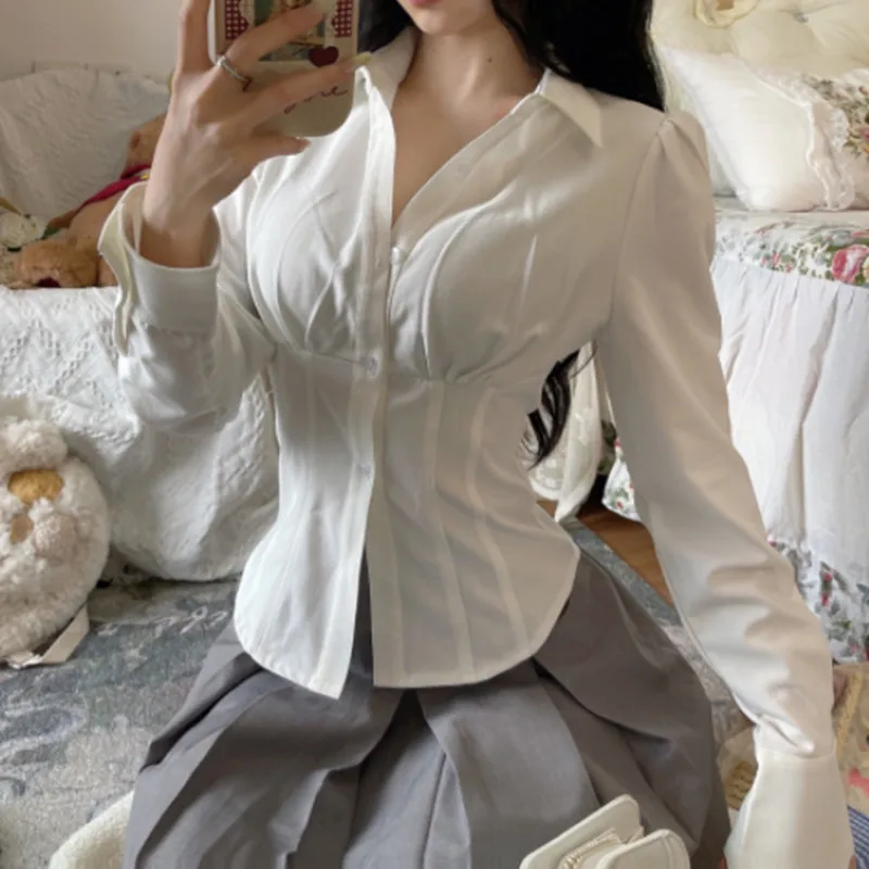 

Deeptown Korean Fashion Sexy White Women Blouses Tunics Shirt Japanese Style Chic Harajuku Preppy Elegant Female Casual JK Slim