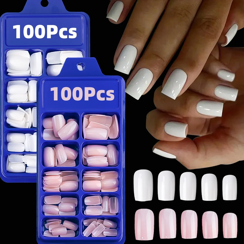 100 Stück kurze quadratische künstliche Nägel rosa soild weiß drücken auf Nägel 10 Größen wieder verwendbare volle Abdeckung gefälschte Nagels pitzen Nagel zubehör # $# – Detail 1