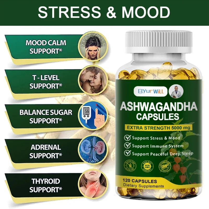 Pure KSM 66 Ashwagandha Root Extract Capsules 5000mg Supplement Help Stress Focus Brain Energy Support Sleep Health