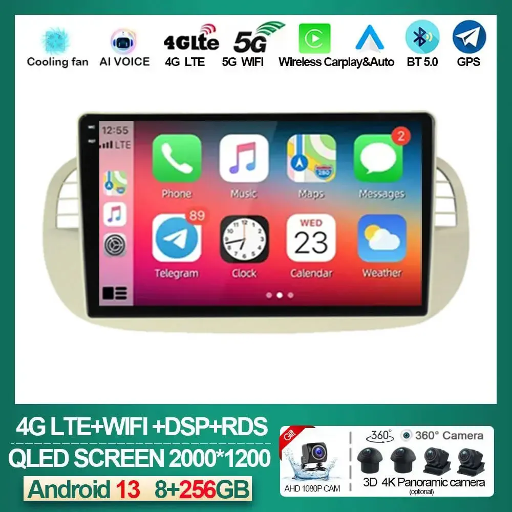 Android 13 Carplay Autoradio Per Fiat 500 Navigazione Gps Controllo Volante Lettore Multimediale Wifi + 4G Stereo 2Din 2 Din