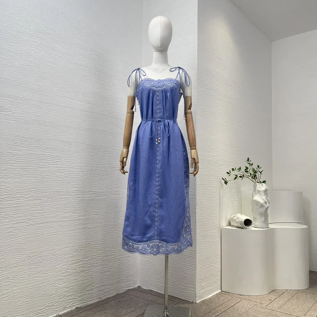 

2024 Hollow Out Embroidery Blue Vintage Sleeveless Lace Patchwork Self-tie Belt Linen Top Quality Women Midi Dress