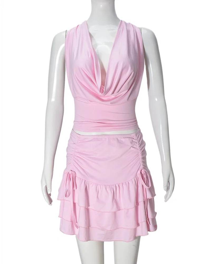 Wmstar Skirts Sets Wholesale Two Piece Dress Set Sexy Hollow Out Swing Neck Lace Up Top Elastic Short Skirt Matching Suit Summer