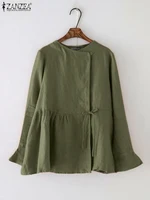 Women Casual Open-front Lace-up Shirts ZANZEA Long Sleeve O Neck Solid Cotton Blouses 2025 Spring Loose Tunic Tops with Pleats