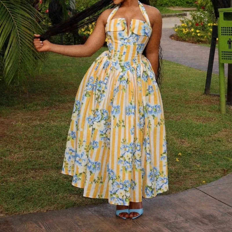 Sweet Printed Tie Neck Maxi Dress V Neck Slim Waist Cinched Flowy Maxi Dress 2026 Summer European Women Beach Vacation Dress