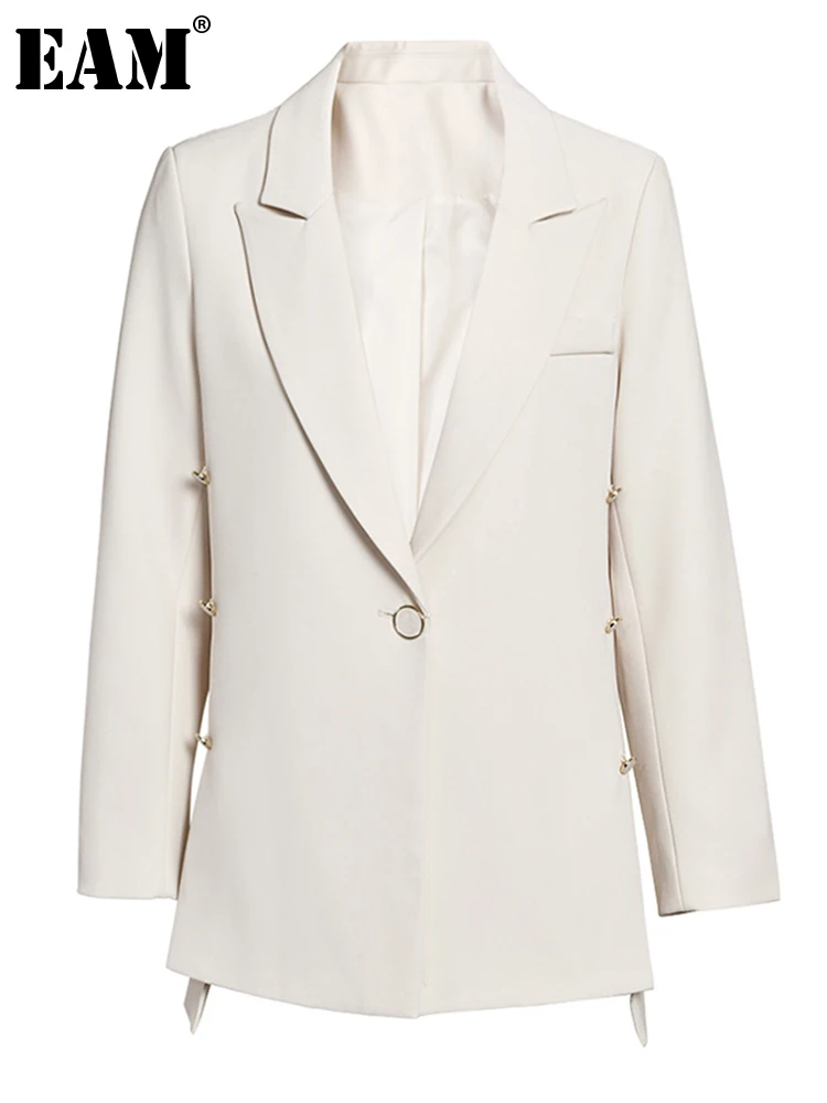 

[EAM] Women Beige Side Button Elegant Blazer New Lapel Long Sleeve Loose Fit Jacket Fashion Tide Spring Autumn 2023 CP1504