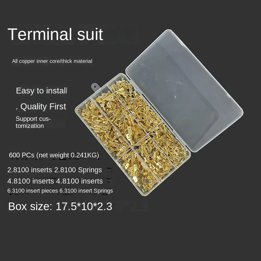 

Бесплатная доставка 600 шт. пружинных вставок в коробке медные фитинги стыковые соединители 2,8/4,8/6,3 для DIY домашней проводки Золотой прочный