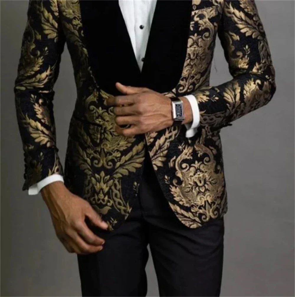 Stylish Slim Fit Mens Suits Floral Jacquard Shawl Lapel 2 Pieces Blazer and Pant Set Tuxedo Set Prom Wedding Dress Business