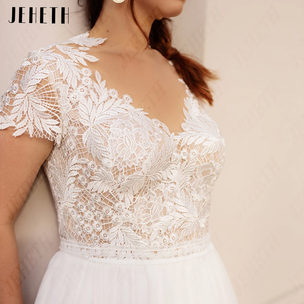 JEHETH Bohemain Chiffon Wedding Dresses Plus Size 2023 Short Sleeves Backless Bride Gowns A-Line Sweep Train vestido de novia