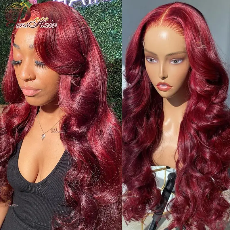 

99J Lace Front Human Hair Wigs Body Wave Cherry Red Burgundy 13X6 Lace Front Wig Pre-Plucked for Women Remy Human Hair Wig 180%