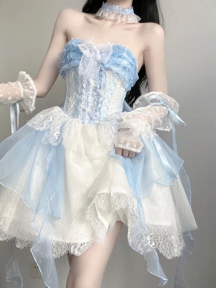

Женское платье без бретелек, голубое короткое платье с пышной юбкой в классическом стиле на лето