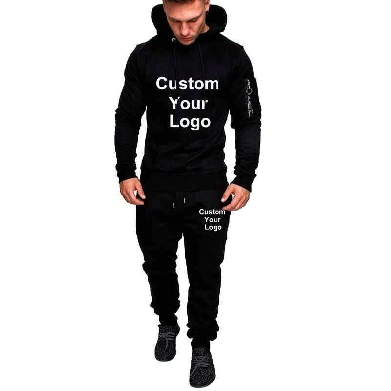 Men Custom Logo 2 Pieces Tracksuit Casual Hoodies Sweatshirts + Sweatpants Jogging Training Sportswear Streetwear Suit Jacket