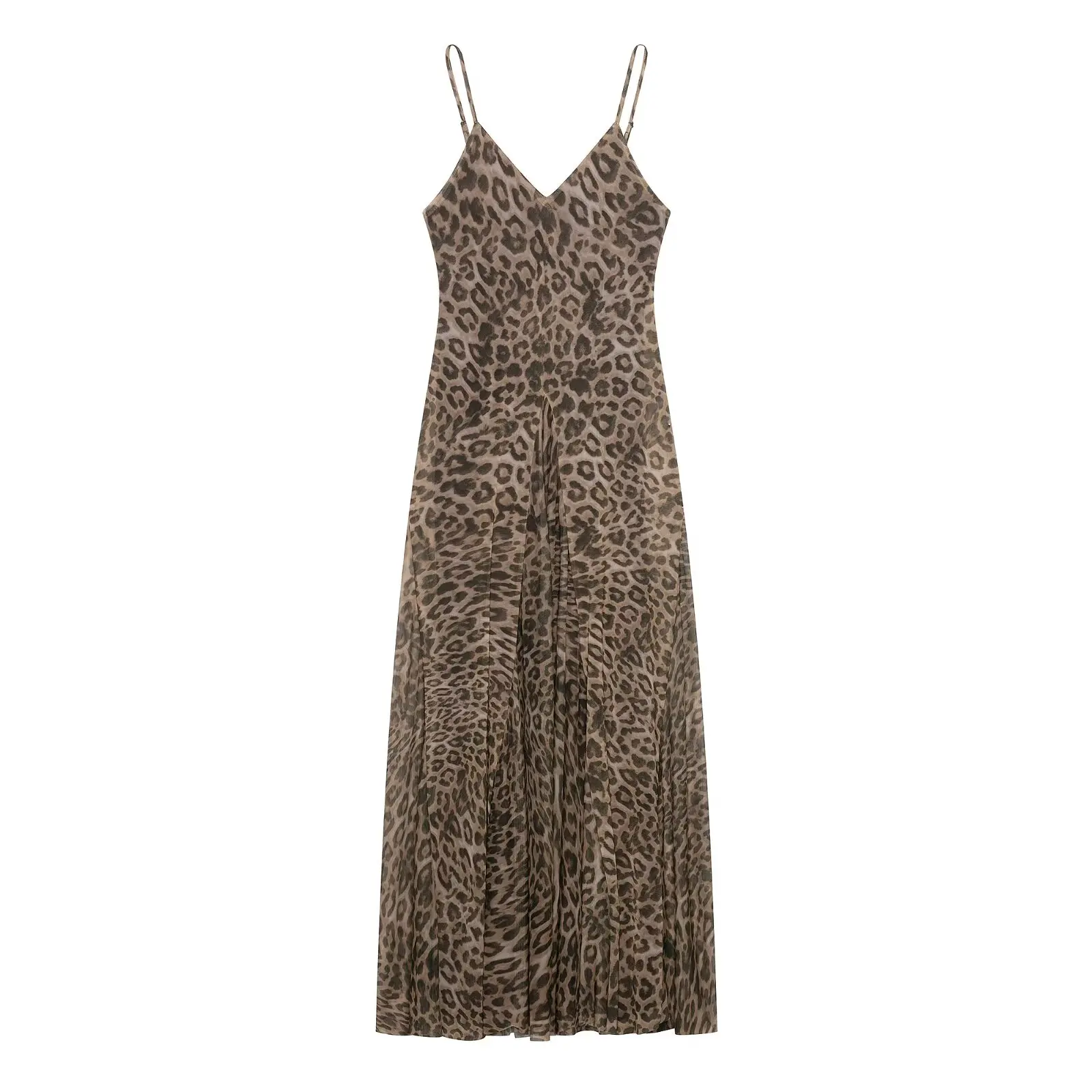 HH Vintage Muted Leopard Print Flowy Maxi Dress Summer V-Neck Thin Strap Pleated Slip Long Gown Women BeachTravel Casual Wear