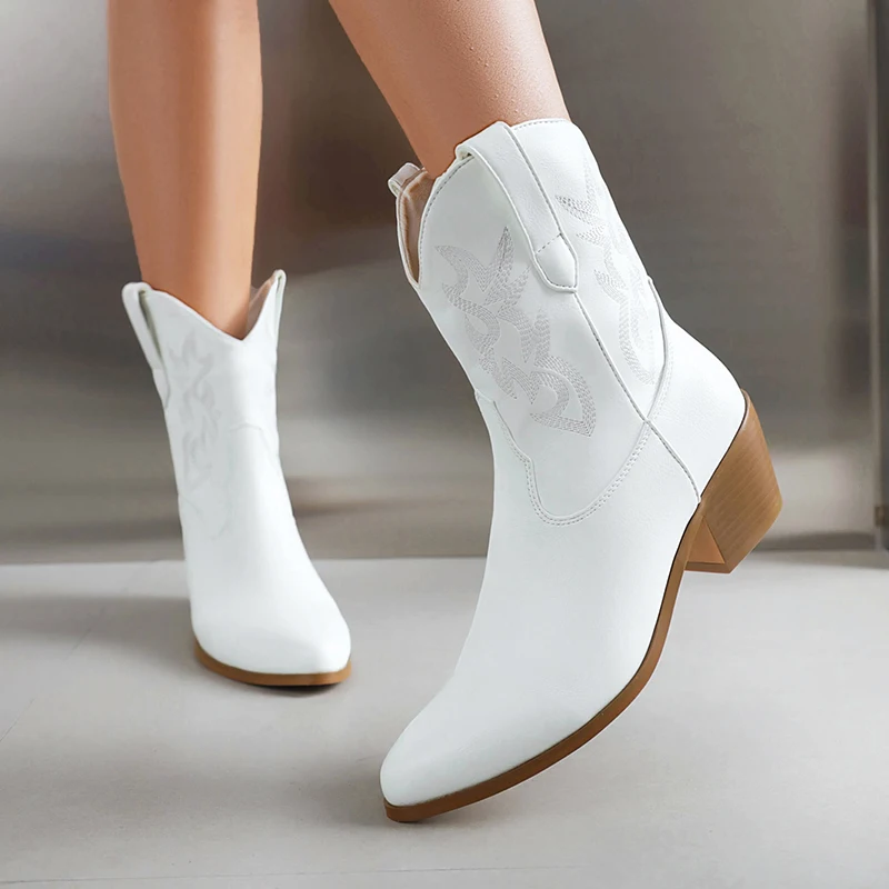 Kcenid Retro Western Ankle Boots For Women 2024 Fashion Embroidered Pointed Toe Chunky Heel Winter Short Boots Plus Size 35-50